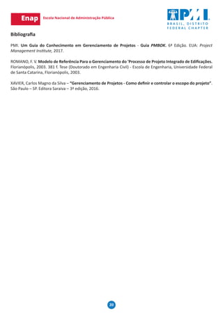20
Bibliografia
PMI. Um Guia do Conhecimento em Gerenciamento de Projetos - Guia PMBOK. 6ª Edição. EUA: Project
Management Institute, 2017.
ROMANO, F. V. Modelo de Referência Para o Gerenciamento do 'Processo de Projeto Integrado de Edificações.
Florianópolis, 2003. 381 f. Tese (Doutorado em Engenharia Civil) - Escola de Engenharia, Universidade Federal
de Santa Catarina, Florianópolis, 2003.
XAVIER, Carlos Magno da Silva – “Gerenciamento de Projetos - Como definir e controlar o escopo do projeto”.
São Paulo – SP. Editora Saraiva – 3ª edição, 2016.
 