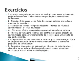 










1 – Liste as categorias de recursos necessários para a conclusão de um
projeto típico de seu conhecimento e especifique as necessidades
dominantes.
2- Discuta e liste as causas de falta de estoque, entrega atrasada ou
escassez de materiais.
3 – Explique os termos “tempo de resposta”, “ tempo de resposta
administrativo” e “ total de atrasos”
4- Discuta os efeitos e possíveis causas de diminuição de estoque
5 – Discuta as vantagens relativas dos contratos de preço global e de
administração para aprovisionamento de recursos para um projeto de
seu conhecimento.
6 – Prepare uma lista de atividades e recursos para uma operação típica
de projeto ( isto pode ser feito manualmente ou com o auxílio de
programa de computador)
7- Considere circunstâncias nas quais os cálculos de mão-de-obra,
ajustados para a velocidade da aprendizagem, podem se mostrar
incorretos e atrasar a conclusão do projeto.

10
0

 