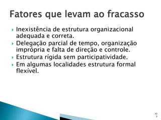 





Inexistência de estrutura organizacional
adequada e correta.
Delegação parcial de tempo, organização
imprópria e falta de direção e controle.
Estrutura rígida sem participatividade.
Em algumas localidades estrutura formal
flexível.

10
3

 