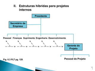 II. Estruturas híbridas para projetos
internos
Presidente
Secretário da
Empresa

Pessoal Finanças Suprimento Engenharia Desenvolvimento

Gerente do
Projeto

Fig. 6.3 PLT pg. 128

Pessoal do Projeto

11
1

 