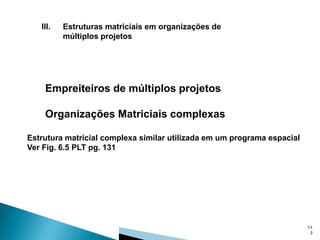 III.

Estruturas matriciais em organizações de
múltiplos projetos

Empreiteiros de múltiplos projetos
Organizações Matriciais complexas
Estrutura matricial complexa similar utilizada em um programa espacial
Ver Fig. 6.5 PLT pg. 131

11
3

 