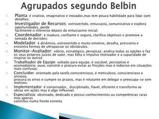 1.

Planta: é criativo, imaginativo e inovador,mas tem pouca habilidade para lidar com

2.

Investigador de Recursos: extrovertido, entusiasta, comunicativo e explora

3.
4.
5.

6.

7.

8.
9.

detalhes;

oportunidades, perde
facilmente o interesse depois do entusiasmo inicial;
Coordenador: é maduro, confiante e seguro, clarifica objetivos e promove a
tomada de decisões;
Modelador: é dinâmico, extrovertido e muito emotivo, desafia, pressiona e
encontra formas de ultrapassar os obstáculos.
Monitor-Avaliador: sóbrio, estratégico, perspicaz, analisa todas as opções e faz
os seus próprios juízos de valor, mas falta o impulso motivador e a capacidade de
inspirar os outros
Trabalhador de Equipe: voltado para equipe, é sociável, perceptivo e
acomodatício, ouve, constrói e procura evitar as fricções mas é indeciso em situações
mais confusas;
Concluidor: orientado pela tarefa consciencioso, é meticuloso, consciencioso e
ansioso,
procura os erros e cumpre os prazos, mas é relutante em delegar e preocupa-se sem
motivos;
Implementador: é conservador, disciplinado, fiável, eficiente e transforma as
ideias em ações mas é algo inflexível;
Especialista: obstinado, dedicado e possui conhecimentos ou competências raras
mas apenas
contribui numa frente estreita

 