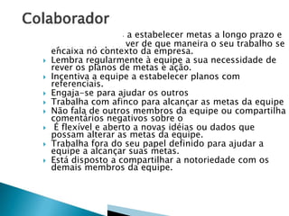 











Ajuda as equipes a estabelecer metas a longo prazo e
Ajuda a equipe a ver de que maneira o seu trabalho se
encaixa no contexto da empresa.
Lembra regularmente à equipe a sua necessidade de
rever os planos de metas e ação.
Incentiva a equipe a estabelecer planos com
referenciais.
Engaja-se para ajudar os outros
Trabalha com afinco para alcançar as metas da equipe
Não fala de outros membros da equipe ou compartilha
comentários negativos sobre o
É flexível e aberto a novas idéias ou dados que
possam alterar as metas da equipe.
Trabalha fora do seu papel definido para ajudar a
equipe a alcançar suas metas.
Está disposto a compartilhar a notoriedade com os
demais membros da equipe.

 
