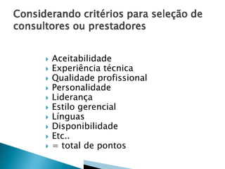 











Aceitabilidade
Experiência técnica
Qualidade profissional
Personalidade
Liderança
Estilo gerencial
Línguas
Disponibilidade
Etc..
= total de pontos

 