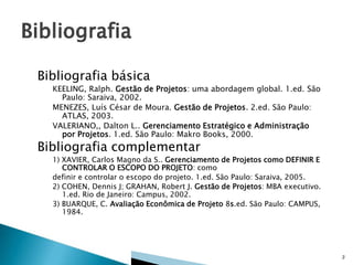 Bibliografia básica
KEELING, Ralph. Gestão de Projetos: uma abordagem global. 1.ed. São
Paulo: Saraiva, 2002.
MENEZES, Luís César de Moura. Gestão de Projetos. 2.ed. São Paulo:
ATLAS, 2003.
VALERIANO,, Dalton L.. Gerenciamento Estratégico e Administração
por Projetos. 1.ed. São Paulo: Makro Books, 2000.

Bibliografia complementar

1) XAVIER, Carlos Magno da S.. Gerenciamento de Projetos como DEFINIR E
CONTROLAR O ESCOPO DO PROJETO: como
definir e controlar o escopo do projeto. 1.ed. São Paulo: Saraiva, 2005.
2) COHEN, Dennis J; GRAHAN, Robert J. Gestão de Projetos: MBA executivo.
1.ed. Rio de Janeiro: Campus, 2002.
3) BUARQUE, C. Avaliação Econômica de Projeto 8s.ed. São Paulo: CAMPUS,
1984.

3

 