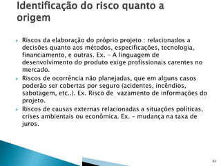 





Riscos da elaboração do próprio projeto : relacionados a
decisões quanto aos métodos, especificações, tecnologia,
financiamento, e outras. Ex. – A linguagem de
desenvolvimento do produto exige profissionais carentes no
mercado.
Riscos de ocorrência não planejadas, que em alguns casos
poderão ser cobertas por seguro (acidentes, incêndios,
sabotagem, etc..). Ex. Risco de vazamento de informações do
projeto.
Riscos de causas externas relacionadas a situações políticas,
crises ambientais ou econômica. Ex. – mudança na taxa de
juros.

53

 