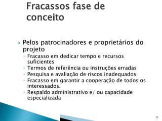 

Pelos patrocinadores e proprietários do
projeto

◦ Fracasso em dedicar tempo e recursos
suficientes
◦ Termos de referência ou instruções erradas
◦ Pesquisa e avaliação de riscos inadequados
◦ Fracasso em garantir a cooperação de todos os
interessados.
◦ Respaldo administrativo e/ ou capacidade
especializada

72

 
