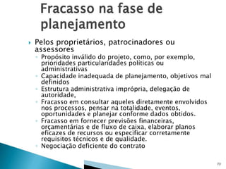 

Pelos proprietários, patrocinadores ou
assessores

◦ Propósito inválido do projeto, como, por exemplo,
prioridades particularidades políticas ou
administrativas
◦ Capacidade inadequada de planejamento, objetivos mal
definidos
◦ Estrutura administrativa imprópria, delegação de
autoridade,
◦ Fracasso em consultar aqueles diretamente envolvidos
nos processos, pensar na totalidade, eventos,
oportunidades e planejar conforme dados obtidos.
◦ Fracasso em fornecer previsões financeiras,
orçamentárias e de fluxo de caixa, elaborar planos
eficazes de recursos ou especificar corretamente
requisitos técnicos e de qualidade.
◦ Negociação deficiente do contrato
73

 