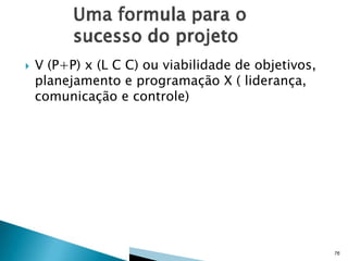

V (P+P) x (L C C) ou viabilidade de objetivos,
planejamento e programação X ( liderança,
comunicação e controle)

76

 