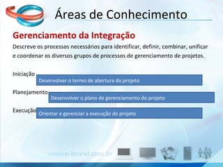 Gerenciamento da Integração Descreve os processos necessários para identificar, definir, combinar, unificar e coordenar os diversos grupos de processos de gerenciamento de projetos. Iniciação  Planejamento  Execução Áreas de Conhecimento Desenvolver o termo de abertura do projeto Desenvolver o plano de gerenciamento do projeto Orientar e gerenciar a execução do projeto 