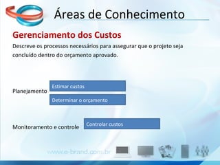 Gerenciamento dos Custos Descreve os processos necessários para assegurar que o projeto seja concluído dentro do orçamento aprovado. Planejamento  Monitoramento e controle  Áreas de Conhecimento Estimar custos Determinar o orçamento Controlar custos 