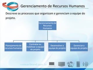 Gerenciamento de Recursos Humanos Descreve os processos que organizam e gerenciam a equipe do projeto. 