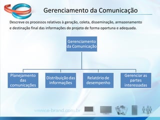 Gerenciamento da Comunicação Descreve os processos relativos à geração, coleta, disseminação, armazenamento e destinação final das informações do projeto de forma oportuna e adequada. 