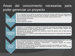 Áreas del conocimiento necesarias para
poder gerenciar un proyecto.
GERENCIA DE LA
INTEGRACION
DEL PROYECTO
•Es un subconjunto de la gerencia de proyecto que incluye los procesos requeridos para asegurarse de
que los diferentes elementos del proyecto estén coordinados correctamente. Consiste en asegurar que
todos los elementos del proyecto operen en forma coordinada. Incluye aspectos como:
•Desarrollo del plan del proyecto.
•Ejecución del plan.
•Control integrado de cambios.
GERENCIA DEL
ALCANCE DEL
PROYECTO
•Consiste en un subconjunto de la gerencia de proyectos que incluye los procesos requeridos para
asegurarse de que el proyecto incluya todo el trabajo requerido y solamente trabajo requerido para
terminar el proyecto con éxito. Incluye aspectos como:
•Planeamiento del alcance: desarrollar una declaración escrita del alcance como la base para las
decisiones futuras del proyecto.
•Definición del alcance: subdividir los deliverables principales del proyecto en componentes más pequeños,
más manejables.
GERENCIA DE
RECURSO
HUMANO
•Es un subconjunto de la gerencia de proyecto que incluye los procesos requeridos para hacer el uso más
eficaz de la gente implicada con el proyecto. Esta área comprende los aspectos siguientes:
•Planeamiento organizacional: identificando, documentando, y asignando papeles del proyecto,
responsabilidades, y relaciones de divulgación.
•Adquisición del personal: conseguir los recursos humanos necesarios para trabajar en el proyecto.
•Desarrollo de la organización del equipo: habilidades del individuo que se convierten y del grupo para
realzar funcionamiento del proyecto.
 
