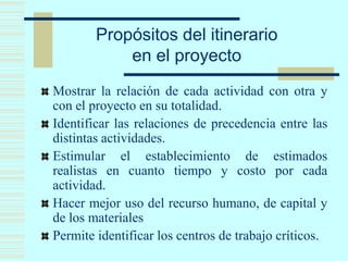 Propósitos del itinerario
en el proyecto
Mostrar la relación de cada actividad con otra y
con el proyecto en su totalidad.
Identificar las relaciones de precedencia entre las
distintas actividades.
Estimular el establecimiento de estimados
realistas en cuanto tiempo y costo por cada
actividad.
Hacer mejor uso del recurso humano, de capital y
de los materiales
Permite identificar los centros de trabajo críticos.
 