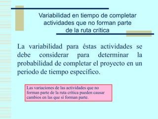 Variabilidad en tiempo de completar
actividades que no forman parte
de la ruta crítica
La variabilidad para éstas actividades se
debe considerar para determinar la
probabilidad de completar el proyecto en un
periodo de tiempo específico.
Las variaciones de las actividades que no
forman parte de la ruta crítica pueden causar
cambios en las que sí forman parte.
 