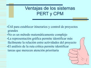 •Útil para establecer itinerarios y control de proyectos
grandes
•No es un método matemáticamente complejo
•La representación gráfica permite identificar más
fácilmente la relación entre actividades del proyecto
•El análisis de la ruta crítica permite identificar
tareas que merecen atención prioritaria
Ventajas de los sistemas
PERT y CPM
 