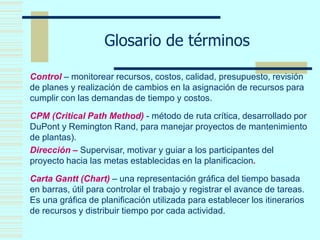Glosario de términos
Control – monitorear recursos, costos, calidad, presupuesto, revisión
de planes y realización de cambios en la asignación de recursos para
cumplir con las demandas de tiempo y costos.
CPM (Critical Path Method) - método de ruta crítica, desarrollado por
DuPont y Remington Rand, para manejar proyectos de mantenimiento
de plantas).
Dirección – Supervisar, motivar y guiar a los participantes del
proyecto hacia las metas establecidas en la planificacion.
Carta Gantt (Chart) – una representación gráfica del tiempo basada
en barras, útil para controlar el trabajo y registrar el avance de tareas.
Es una gráfica de planificación utilizada para establecer los itinerarios
de recursos y distribuir tiempo por cada actividad.
 