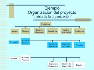 Ejemplo
Organización del proyecto
“matriz de la organización”
Presidente
Ventas Finanzas
Recursos
Humanos
Ingeniería
Control
de Calidad
Producción
Proyecto 1
Gerente
Proyecto
Ingeniería
Mecánica
Ingeniería
de Prueba
Técnico
Proyecto 2 Gerente
Proyecto
Ingeniería
Estructural
Técnico de
Inspección
Técnico
 