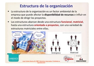 Juan Carlos Garcia, IE, PMP. Derechos reservados. Prohibida su
reproducción
Estructura de la organización
La estructura de la organización es un factor ambiental de la 
empresa que puede afectar la disponibilidad de recursos e influir en 
el modo de dirigir los proyectos. 
Las estructuras abarcan desde una estructura funcional, matricial, 
hasta una estructura orientada a proyectos, con una variedad de 
estructuras matriciales entre ellas. 
www.formacionyorientacionlaboral.com/node/264
 