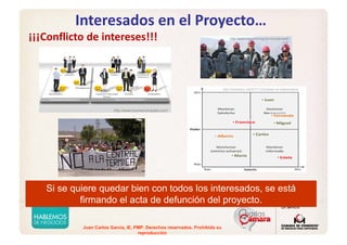 Juan Carlos Garcia, IE, PMP. Derechos reservados. Prohibida su
reproducción
Interesados en el Proyecto…
¡¡¡Conflicto de intereses!!!
http://smartinez.me/2011/12/analisis-de-stakeholders/
http://www.boomercompass.com/
http://www.equusmining.com/sustainabilit
y-2/
Si se quiere quedar bien con todos los interesados, se está
firmando el acta de defunción del proyecto.
Si se quiere quedar bien con todos los interesados, se está
firmando el acta de defunción del proyecto.
 