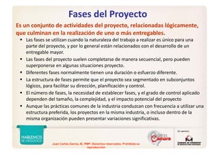 Juan Carlos Garcia, IE, PMP. Derechos reservados. Prohibida su
reproducción
Fases del Proyecto
Es un conjunto de actividades del proyecto, relacionadas lógicamente, 
que culminan en la realización de uno o más entregables.
Las fases se utilizan cuando la naturaleza del trabajo a realizar es único para una 
parte del proyecto, y por lo general están relacionados con el desarrollo de un 
entregable mayor.
Las fases del proyecto suelen completarse de manera secuencial, pero pueden 
superponerse en algunas situaciones proyecto.
Diferentes fases normalmente tienen una duración o esfuerzo diferente.
La estructura de fases permite que el proyecto sea segmentado en subconjuntos 
lógicos, para facilitar su dirección, planificación y control.
El número de fases, la necesidad de establecer fases, y el grado de control aplicado 
dependen del tamaño, la complejidad, y el impacto potencial del proyecto
Aunque las prácticas comunes de la industria conduzcan con frecuencia a utilizar una 
estructura preferida, los proyectos en la misma industria, o incluso dentro de la 
misma organización pueden presentar variaciones significativas.
 