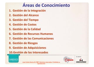 Juan Carlos Garcia, IE, PMP. Derechos reservados. Prohibida su
reproducción
Áreas de Conocimiento
1. Gestión de la Integración
2. Gestión del Alcance
3. Gestión del Tiempo
4. Gestión de Costos
5. Gestión de la Calidad
6. Gestión de Recursos Humanos
7. Gestión de las Comunicaciones
8. Gestión de Riesgos
9. Gestión de Adquisiciones
10.Gestión de los Interesados
 