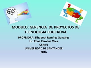 MODULO: GERENCIA DE PROYECTOS DE
TECNOLOGIA EDUCATIVA
PROFESORA: Elizabeth Ramírez González
Lic. Edna Carolina Vaca
Chitiva
UNIVERSIDAD DE SANTANDER
2016
 