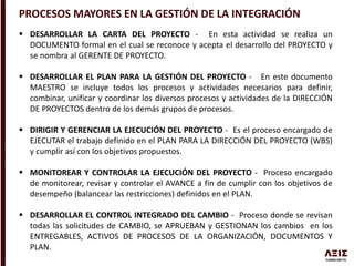 PROCESOS MAYORES EN LA GESTIÓN DE LA INTEGRACIÓN
 DESARROLLAR LA CARTA DEL PROYECTO - En esta actividad se realiza un
DOCUMENTO formal en el cual se reconoce y acepta el desarrollo del PROYECTO y
se nombra al GERENTE DE PROYECTO.
 DESARROLLAR EL PLAN PARA LA GESTIÓN DEL PROYECTO - En este documento
MAESTRO se incluye todos los procesos y actividades necesarios para definir,
combinar, unificar y coordinar los diversos procesos y actividades de la DIRECCIÓN
DE PROYECTOS dentro de los demás grupos de procesos.
 DIRIGIR Y GERENCIAR LA EJECUCIÓN DEL PROYECTO - Es el proceso encargado de
EJECUTAR el trabajo definido en el PLAN PARA LA DIRECCIÓN DEL PROYECTO (WBS)
y cumplir así con los objetivos propuestos.
 MONITOREAR Y CONTROLAR LA EJECUCIÓN DEL PROYECTO - Proceso encargado
de monitorear, revisar y controlar el AVANCE a fin de cumplir con los objetivos de
desempeño (balancear las restricciones) definidos en el PLAN.
 DESARROLLAR EL CONTROL INTEGRADO DEL CAMBIO - Proceso donde se revisan
todas las solicitudes de CAMBIO, se APRUEBAN y GESTIONAN los cambios en los
ENTREGABLES, ACTIVOS DE PROCESOS DE LA ORGANIZACIÓN, DOCUMENTOS Y
PLAN.
 