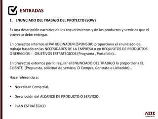ENTRADAS
1. ENUNCIADO DEL TRABAJO DEL PROYECTO (SOW)
Es una descripción narrativa de los requerimientos y de los productos y servicios que el
proyecto debe entregar.
En proyectos internos el PATROCINADOR (SPONSOR) proporciona el enunciado del
trabajo basado en las NECESIDADES DE LA EMPRESA o en REQUISITOS DE PRODUCTOS
O SERVICIOS - OBJETIVOS ESTRATÉGICOS (Programa , Portafolio)…
En proyectos externos por lo regular el ENUNCIADO DEL TRABAJO lo proporciona EL
CLIENTE (Propuesta, solicitud de servicio, O Compra, Contrato o Licitación)…
Hace referencia a:
 Necesidad Comercial.
 Descripción del ALCANCE DE PRODUCTO O SERVICIO.
 PLAN ESTRATÉGICO
 