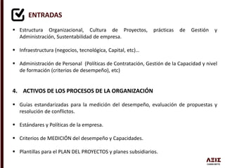 ENTRADAS
 Estructura Organizacional, Cultura de Proyectos, prácticas de Gestión y
Administración, Sustentabilidad de empresa.
 Infraestructura (negocios, tecnológica, Capital, etc)…
 Administración de Personal (Políticas de Contratación, Gestión de la Capacidad y nivel
de formación (criterios de desempeño), etc)
4. ACTIVOS DE LOS PROCESOS DE LA ORGANIZACIÓN
 Guías estandarizadas para la medición del desempeño, evaluación de propuestas y
resolución de conflictos.
 Estándares y Políticas de la empresa.
 Criterios de MEDICIÓN del desempeño y Capacidades.
 Plantillas para el PLAN DEL PROYECTOS y planes subsidiarios.
 