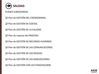 SALIDAS
PLANES SUBSIDIARIOS:
 Plan de GESTIÓN DEL CRONOGRAMA.
 Plan de GESTIÓN DE COSTOS.
 Plan de GESTIÓN DE LA CALIDAD.
 Plan de mejoras del PROCESO.
 Plan de GESTIÓN DE RECURSOS HUMANOS.
 Plan de GESTIÓN DE LAS COMUNICACIONES.
 Plan de GESTIÓN DE LOS RIESGOS.
 Plan de GESTIÓN DE LAS ADQUISICIONES.
 Plan de GESTIÓN CON LOS STAKEHOLDERS.
 