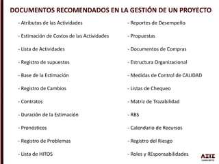 DOCUMENTOS RECOMENDADOS EN LA GESTIÓN DE UN PROYECTO
- Atributos de las Actividades - Reportes de Desempeño
- Estimación de Costos de las Actividades - Propuestas
- Lista de Actividades - Documentos de Compras
- Registro de supuestos - Estructura Organizacional
- Base de la Estimación - Medidas de Control de CALIDAD
- Registro de Cambios - Listas de Chequeo
- Contratos - Matriz de Trazabilidad
- Duración de la Estimación - RBS
- Pronósticos - Calendario de Recursos
- Registro de Problemas - Registro del Riesgo
- Lista de HITOS - Roles y REsponsabilidades
 
