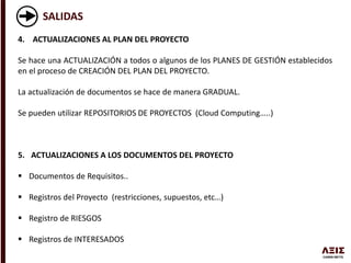 SALIDAS
4. ACTUALIZACIONES AL PLAN DEL PROYECTO
Se hace una ACTUALIZACIÓN a todos o algunos de los PLANES DE GESTIÓN establecidos
en el proceso de CREACIÓN DEL PLAN DEL PROYECTO.
La actualización de documentos se hace de manera GRADUAL.
Se pueden utilizar REPOSITORIOS DE PROYECTOS (Cloud Computing…..)
5. ACTUALIZACIONES A LOS DOCUMENTOS DEL PROYECTO
 Documentos de Requisitos..
 Registros del Proyecto (restricciones, supuestos, etc…)
 Registro de RIESGOS
 Registros de INTERESADOS
 