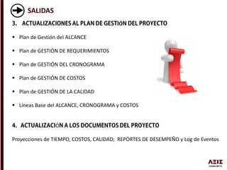 SALIDAS
Ó
 Plan de Gestión del ALCANCE
 Plan de GESTIÓN DE REQUERIMIENTOS
 Plan de GESTIÓN DEL CRONOGRAMA
 Plan de GESTIÓN DE COSTOS
 Plan de GESTIÓN DE LA CALIDAD
 Líneas Base del ALCANCE, CRONOGRAMA y COSTOS
Ó
Proyecciones de TIEMPO, COSTOS, CALIDAD; REPORTES DE DESEMPEÑO y Log de Eventos
 