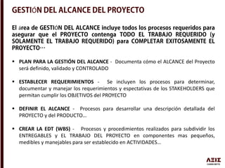 Ó
á Ó
 PLAN PARA LA GESTIÓN DEL ALCANCE - Documenta cómo el ALCANCE del Proyecto
será definido, validado y CONTROLADO
 ESTABLECER REQUERIMIENTOS - Se incluyen los procesos para determinar,
documentar y manejar los requerimientos y espectativas de los STAKEHOLDERS que
permitan cumplir los OBJETIVOS del PROYECTO
 DEFINIR EL ALCANCE - Procesos para desarrollar una descripción detallada del
PROYECTO y del PRODUCTO…
 CREAR LA EDT (WBS) - Procesos y procedimientos realizados para subdividir los
ENTREGABLES y EL TRABAJO DEL PROYECTO en componentes mas pequeños,
medibles y manejables para ser establecido en ACTIVIDADES…
 