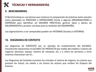 TÉCNICAS Y HERRAMIENTAS
El Benchmarking es una técnica que involucra la comparación de prácticas tanto actuales
como planeadas en PROCESOS y OPERACIONES frente a algunas ORGANIZACIONES o
EMPRESAS para identificar así MEJORES PRÁCTICAS, generar ideas y planes de
MEJORAMIENTO y proveer una base para la medición del DESEMPEÑO.
Las organizaciones a ser comparadas pueden ser INTERNAS (locales) o EXTERNAS.
Los diagramas de CONTEXTO son un ejemplo de modelamiento del ALCANCE.
Visualmente representan el ALCANCE DE PRODUCTO por medio del modelo o sistema de
negocios (proceso, equipo, sistema de cómputo, etc…) y cómo las personas y otros
sistemas interactúan con él…
Los Diagramas de Contexto muestran las entradas al sistema de negocio, los actores que
proveen los Inputs, las salidas y así mismo los actores que reciben los Outputs del
Sistema.
 