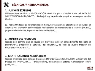 TÉCNICAS Y HERRAMIENTAS
Utilizado para analizar la INFORMACIÓN necesaria para la elaboración del ACTA DE
CONSTITUCIÓN del PROYECTO. Dicho juicio y experiencia se aplican a cualquier detalle
técnico.
Ej. Otras Unidades de la Organización, Consultores expertos, Stakeholders (incluidos el
CLIENTE y el SPONSOR del Proyecto), Asociaciones de Profesionales y Técnicos (ACIEM),
grupos de la Industria, Expertos en la Materia (SME)….
2. Á
Técnica que permite que el equipo del Proyecto logre un entendimiento tal sobre el
ENTREGABLE (Producto o Servicio) del PROYECTO, lo cual se puede traducir en
REQUISITOS TANGIBLES….
Ó
Técnica empleada para generar diferentes ENFOQUES para la EJECUCIÓN y desarrollo del
trabajo del PROYECTO…… Brainstorming, Pensamiento Lateral, Comparación entre
pares, etc….
 