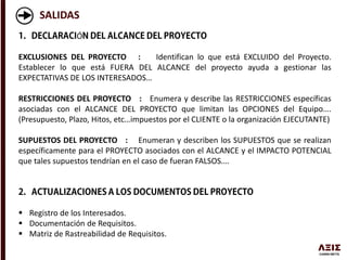 SALIDAS
Ó
EXCLUSIONES DEL PROYECTO : Identifican lo que está EXCLUIDO del Proyecto.
Establecer lo que está FUERA DEL ALCANCE del proyecto ayuda a gestionar las
EXPECTATIVAS DE LOS INTERESADOS…
RESTRICCIONES DEL PROYECTO : Enumera y describe las RESTRICCIONES específicas
asociadas con el ALCANCE DEL PROYECTO que limitan las OPCIONES del Equipo….
(Presupuesto, Plazo, Hitos, etc…impuestos por el CLIENTE o la organización EJECUTANTE)
SUPUESTOS DEL PROYECTO : Enumeran y describen los SUPUESTOS que se realizan
específicamente para el PROYECTO asociados con el ALCANCE y el IMPACTO POTENCIAL
que tales supuestos tendrían en el caso de fueran FALSOS….
 Registro de los Interesados.
 Documentación de Requisitos.
 Matriz de Rastreabilidad de Requisitos.
 