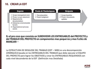 ñ á
La ESTRUCTURA DE DESGLOSE DEL TRABAJO (EDT – WBS) es una descomposición
JERÁRQUICA basada en los ENTREGABLES DEL TRABAJO que debe ejecutar el EQUIPO
DEL PROYECTO para lograr los OBJETIVOS y crear los ENTREGABLES REQUERIDOS con
cada nivel descendente de la EDT (Definición mas Detallada)
 