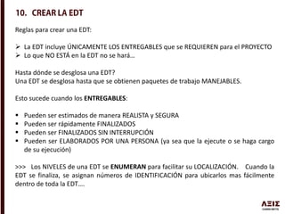 Reglas para crear una EDT:
 La EDT incluye ÚNICAMENTE LOS ENTREGABLES que se REQUIEREN para el PROYECTO
 Lo que NO ESTÁ en la EDT no se hará…
Hasta dónde se desglosa una EDT?
Una EDT se desglosa hasta que se obtienen paquetes de trabajo MANEJABLES.
Esto sucede cuando los ENTREGABLES:
 Pueden ser estimados de manera REALISTA y SEGURA
 Pueden ser rápidamente FINALIZADOS
 Pueden ser FINALIZADOS SIN INTERRUPCIÓN
 Pueden ser ELABORADOS POR UNA PERSONA (ya sea que la ejecute o se haga cargo
de su ejecución)
>>> Los NIVELES de una EDT se ENUMERAN para facilitar su LOCALIZACIÓN. Cuando la
EDT se finaliza, se asignan números de IDENTIFICACIÓN para ubicarlos mas fácilmente
dentro de toda la EDT….
 