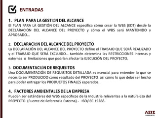 ENTRADAS
Ó
El PLAN PARA LA GESTIÓN DEL ALCANCE especifica cómo crear la WBS (EDT) desde la
DECLARACIÓN DEL ALCANCE DEL PROYECTO y cómo el WBS será MANTENIDO y
APROBADO…
2. Ó
La DECLARACIÓN DEL ALCANCE DEL PROYECTO define el TRABAJO QUE SERÁ REALIZADO
y el TRABAJO QUE SERÁ EXCLUIDO… también determina las RESTRICCIONES internas y
externas o limitaciones que podrían afectar la EJECUCIÓN DEL PROYECTO.
3. Ó
Una DOCUMENTACIÓN DE REQUISITOS DETALLADA es esencial para entender lo que se
necesita ser PRODUCIDO como resultado del PROYECTO así como lo que debe ser hecho
para poder entregar los PRODUCTOS FINALES esperados.
Pueden ser estándares del WBS específicos de la Industria relevantes a la naturaleza del
PROYECTO (Fuente de Referencia Externa) - ISO/IEC 15288
 