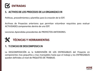 ENTRADAS
Ó
Políticas, procedimientos y plantillas para la creación de la EDT.
Archivos de Proyectos anteriores que permitan vislumbrar requisitos para evaluar
ACTIVIDADES componentes dentro de una EDT.
Lecciones Aprendidas procedentes de PROYECTOS ANTERIORES.
TÉCNICAS Y HERRAMIENTAS
É Ó
La DESCOMPOSICIÓN es la SUBDIVISIÓN DE LOS ENTREGABLES del Proyecto en
componentes mas pequeños y mas manejables hasta que el trabajo y los ENTREGABLES
queden definidos al nivel de PAQUETES DE TRABAJO.
 