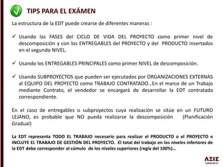 TIPS PARA EL EXÁMEN
La estructura de la EDT puede crearse de diferentes maneras :
 Usando las FASES del CICLO DE VIDA DEL PROYECTO como primer nivel de
descomposición y con los ENTREGABLES del PROYECTO y del PRODUCTO insertados
en el segundo NIVEL.
 Usando los ENTREGABLES PRINCIPALES como primer NIVEL de descomposición.
 Usando SUBPROYECTOS que pueden ser ejecutados por ORGANIZACIONES EXTERNAS
al EQUIPO DEL PROYECTO como TRABAJO CONTRATADO…En el marco de un Trabajo
mediante Contrato, el vendedor se encargará de desarrollar la EDT contratada
correspondiente.
En el caso de entregables o subproyectos cuya realización se sitúe en un FUTURO
LEJANO, es probable que NO pueda realizarse la descomposición (Planificación
Gradual)
La EDT representa TODO EL TRABAJO necesario para realizar el PRODUCTO o el PROYECTO e
INCLUYE EL TRABAJO DE GESTIÓN DEL PROYECTO. El total del trabajo en los niveles inferiores de
la EDT debe corresponder al cúmulo de los niveles superiores (regla del 100%)…
 