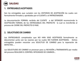 SALIDAS
Son los entregables que cumplen con los CRITERIOS DE ACEPTACIÓN los cuales son
formalmente firmados y aprobados por el CLIENTE o el PATROCINADOR.
La documentación FORMAL recibida del CLIENTE o del SPONSOR reconociendo la
ACEPTACIÓN FORMAL de los ENTREGABLES DEL PROYECTO la cual es transferida al
proceso de CIERRE DEL PROYECTO O FASE.
Los ENTREGABLES completados que NO HAN SIDO ACEPTADOS formalmente se
documentan junto con las razones por las cuales NO FUERON ACEPTADOS. Dichos
entregables pueden necesitar una SOLICITUD DE CAMBIO para la reparación de
DEFECTOS….
Las SOLICITUDES DE CAMBIO se procesan para su REVISIÓN y TRATAMIENTO por medio
del proceso REALIZAR EL CONTROL INTEGRADO DE CAMBIOS…
 