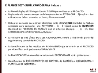 Ó
 La Metodología y el SW de gestión del TIEMPO para utilizar en el PROYECTO.
 Reglas sobre la manera en que se deben presentar los ESTIMADOS : Ejemplos - Los
estimados se deben presentar en horas, días o semanas?
 Deben las personas que estiman identificar tanto el ESFUERZO (Cantidad de Trabajo
necesario para completar una ACTIVIDAD – Ej: 8 horas) como la DURACIÓN
(Cantidad de PERÍODOS DE TRABAJO que el esfuerzo abarcará - Ej: 1,5 días)
necesarios para completar cada ACTIVIDAD?
 La creación de una LÍNEA BASE DEL CRONOGRAMA contra la cual medir parte del
seguimiento y control del PROYECTO.
 La identificación de las medidas del RENDIMIENTO que se usarán en el PROYECTO
para identificar anticipadamente VARIACIONES.
 La PLANIFICACIÓN de cómo las variaciones del CRONOGRAMA serán gestionadas.
 Identificación de PROCEDIMIENTOS DE CONTROL de CAMBIOS al CRONOGRAMA y
PLANTILLAS DE INFORMES…
 