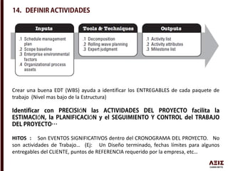 Crear una buena EDT (WBS) ayuda a identificar los ENTREGABLES de cada paquete de
trabajo (Nivel mas bajo de la Estructura)
Ó
Ó Ó
HITOS : Son EVENTOS SIGNIFICATIVOS dentro del CRONOGRAMA DEL PROYECTO. No
son actividades de Trabajo… (Ej: Un Diseño terminado, fechas límites para algunos
entregables del CLIENTE, puntos de REFERENCIA requerido por la empresa, etc…
 