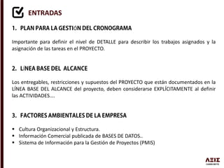 ENTRADAS
Ó
Importante para definir el nivel de DETALLE para describir los trabajos asignados y la
asignación de las tareas en el PROYECTO.
Í
Los entregables, restricciones y supuestos del PROYECTO que están documentados en la
LÍNEA BASE DEL ALCANCE del proyecto, deben considerarse EXPLÍCITAMENTE al definir
las ACTIVIDADES….
 Cultura Organizacional y Estructura.
 Información Comercial publicada de BASES DE DATOS..
 Sistema de Información para la Gestión de Proyectos (PMIS)
 