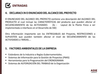 ENTRADAS
Ó
El ENUNCIADO DEL ALCANCE DEL PROYECTO contiene una descripción del ALCANCE DEL
PRODUCTO el cual incluye las CARACTERÍSTICAS del producto que pueden afectar el
SECUENCIAMIENTO de las ACTIVIDADES (Ej : Layout de la Planta Física a ser
implementada o interfaces en el Desarrollo de SW)
Otra información importante son los ENTREGABLES del Proyecto, RESTRICCIONES o
SUPUESTOS que pueden también afectar el nivel de SECUENCIAMIENTO de las
ACTIVIDADES o TAREAS….
 Estándares de la Industria o Reglas Gubernamentales.
 Sistemas de Información para la Gestión de Proyectos (PMIS)
 Herramientas para la Programación del CRONOGRAMA
 Sistemas de AUTORIZACIÓN DEL TRABAJO de la Organización
 