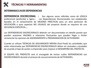 TÉCNICAS Y HERRAMIENTAS
Ó
Son algunas veces referidas como de LÓGICA
preferencial (preferida) o ligera… Las Dependencias Discrecionales son establecidas
basadas en el conocimiento de MEJORES PRÁCTICAS para un área particular de
APLICACIÓN o para aspectos NO USUALES del proyecto donde se requiere de una
SECUENCIA ESPECÍFICA….
Las DEPENDENCIAS DISCRECIONALES deberán ser documentadas en detalle puesto que
pueden ocasionar VALORES o relaciones fluctuantes que pueden llegar a limitar
seriamente las opciones de AGENDAMIENTO o PROGRAMACION DE ACTIVIDADES
Cuando se utilizan TÉCNICAS DE SEGUIMIENTO RÁPIDO (Fast-Track) las actividades que
están relacionadas por DEPENDENCIAS DISCRECIONALES deben ser revisadas y ajustadas
de acuerdo al tipo de acción a emprender para mejorar el DESEMPEÑO DEL PROYECTO.
El EQUIPO DEL PROYECTO será el encargado de revisar cuáles DEPENDENCIAS son
DISCRECIONALES durante el proceso de secuenciamiento de ACTIVIDADES.
 